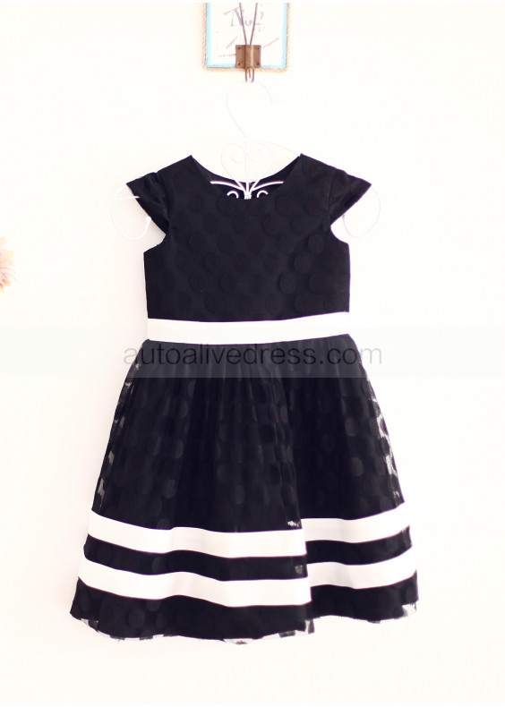 Black Dots Tulle Lace Ivory Stripes Knee Length Flower Girl Dress